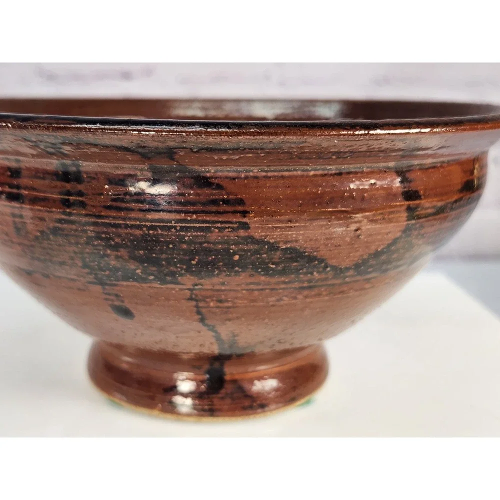 Vintage MCM Studio Art Pottery Bowl Signed GAREY Brown Tenmoku Glaze Footed 1970